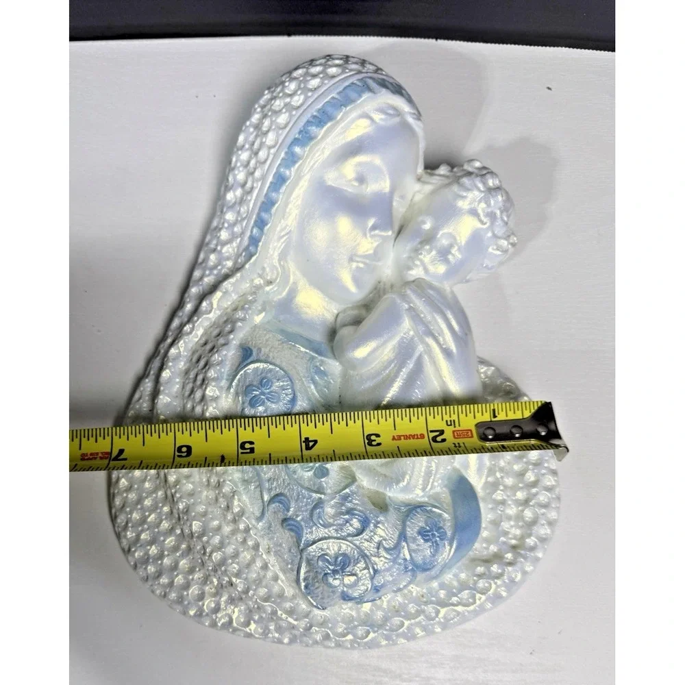 Vtg Blue Chalkware Madonna Mother Mary andBbaby Jesus Wall‎ Hanging
